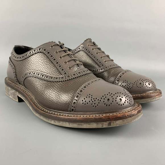 FOOT THE COACHER Grey Perforated Leather Cap Toe Lace-Up Shoes - Picture 2 of 9